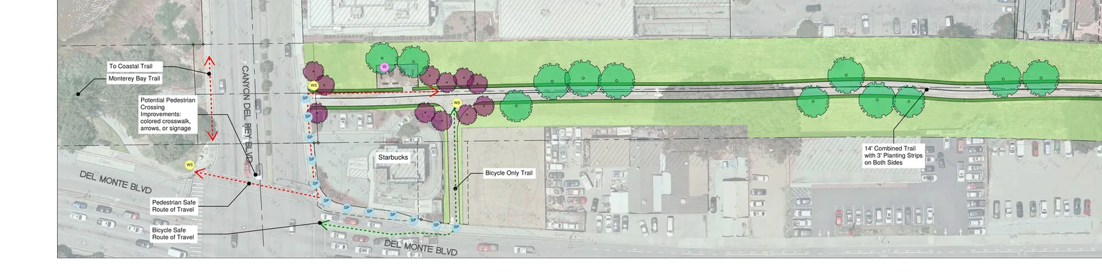 Conceptual planting plan for the Multi-Use Commuter Trail along Del Monte Boulevard, showing a tree-lined combined bike and pedestrian path with planting strips, connecting toward the Coastal Trail